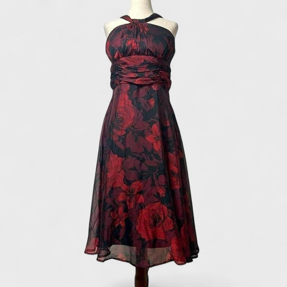 connected apparel Black and Red Floral Halter Midi Dress